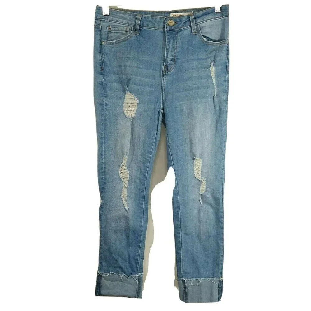 I&M Jeans High-Rise Ripped Kylie Cuffed Skinny Juniors Size 11 Crop Light Wash